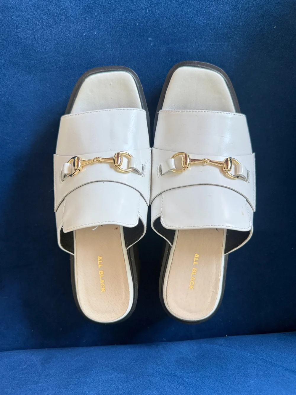 ALL BLACK White Leather Slip-On Platform Mules with Gold Bit